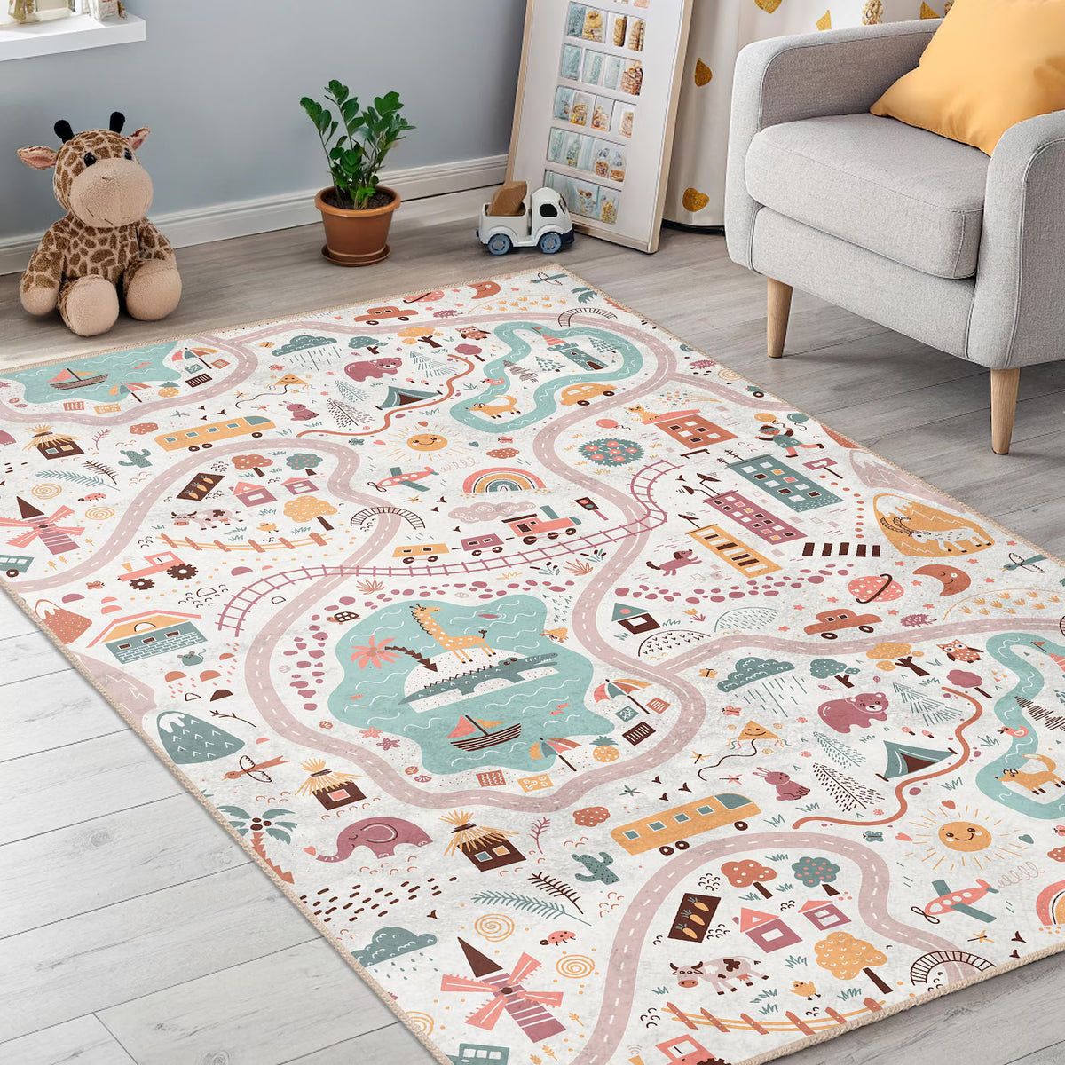 Boho Adventure Road Map Kids Area Rug - Neutral City Safari Play Carpets