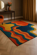 Hand Tufted Abstract Rug – Modern Colorful Wavy Area Carpet, Retro Mid Century Decor