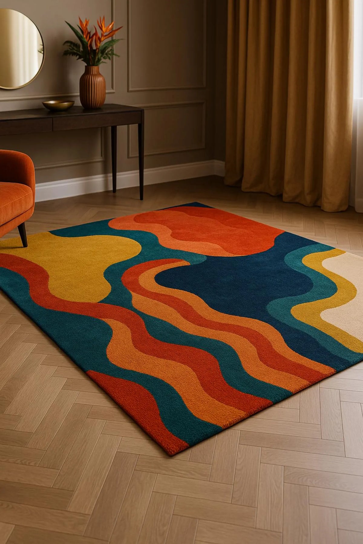 Hand Tufted Abstract Rug – Modern Colorful Wavy Area Carpet, Retro Mid Century Decor