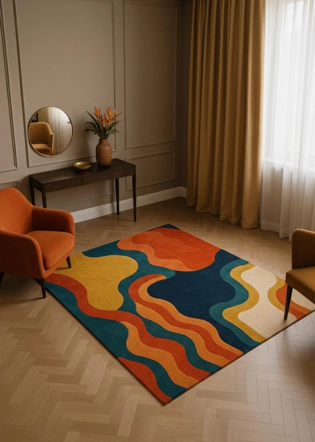 Hand Tufted Abstract Rug – Modern Colorful Wavy Area Carpet, Retro Mid Century Decor