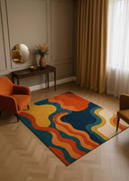 Hand Tufted Abstract Rug – Modern Colorful Wavy Area Carpet, Retro Mid Century Decor