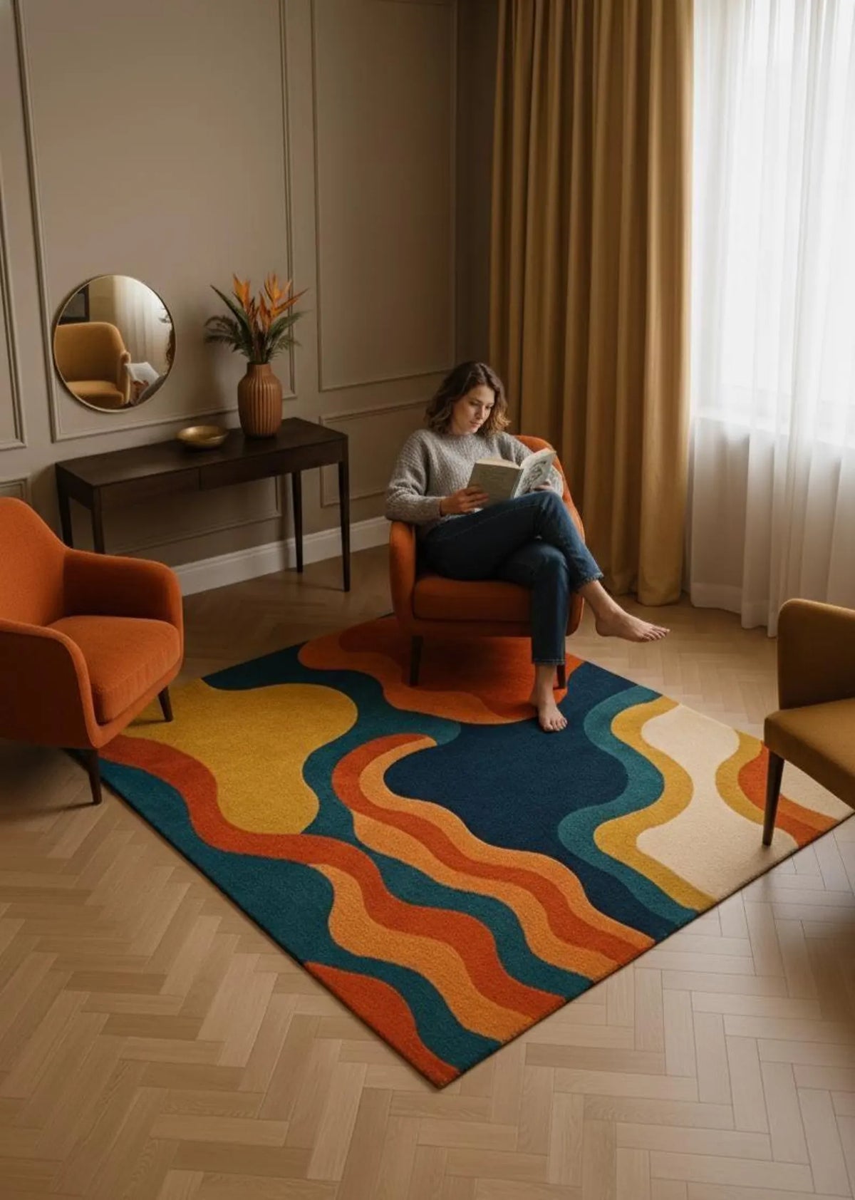 Hand Tufted Abstract Rug – Modern Colorful Wavy Area Carpet, Retro Mid Century Decor