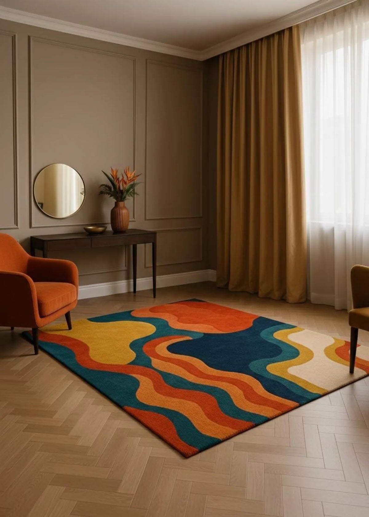 Hand Tufted Abstract Rug – Modern Colorful Wavy Area Carpet, Retro Mid Century Decor