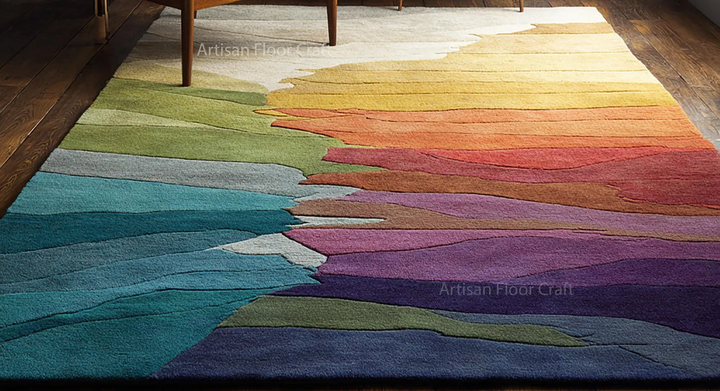 Modern Abstract Hand Tufted Wool Rug with Multicolor Gradient Design – Contemporary Artistic Area Carpet for Living Room & Bedroom.