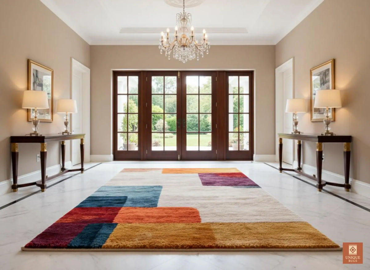 Mid Century Modern Geometric Rug, Hand Tufted Colorful Block Area Carpet