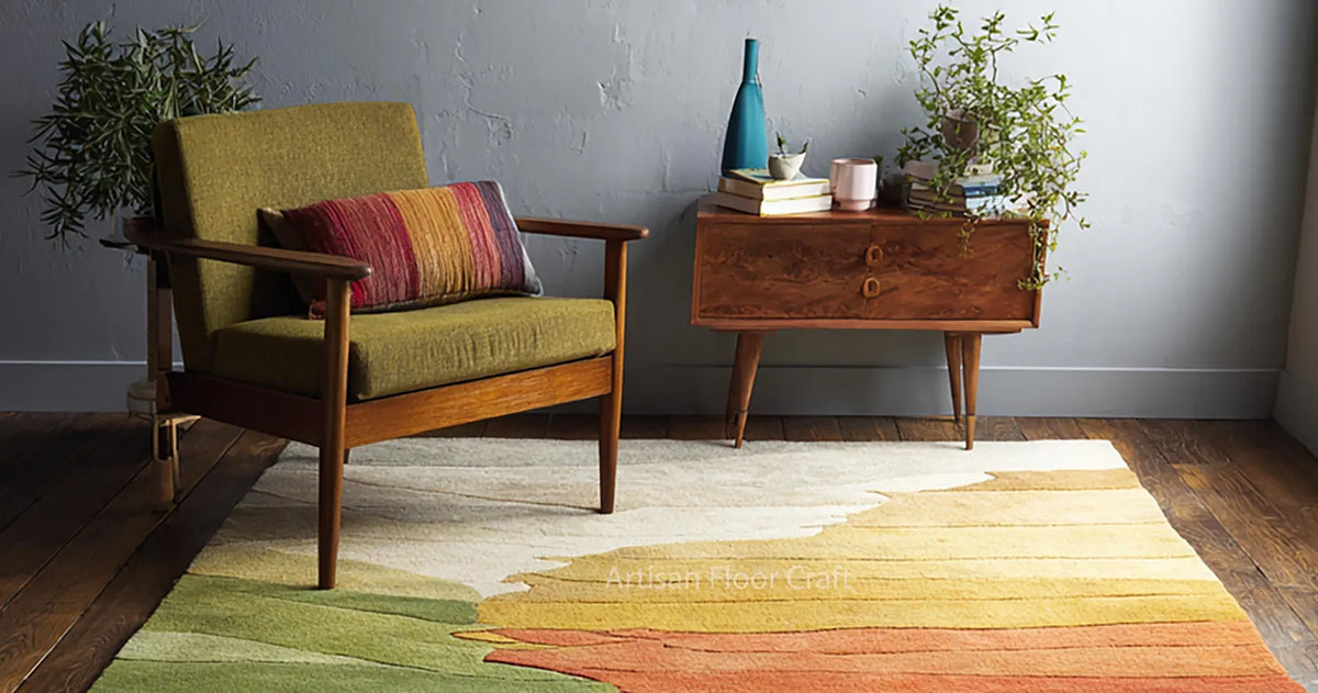 Modern Abstract Hand Tufted Wool Rug with Multicolor Gradient Design – Contemporary Artistic Area Carpet for Living Room & Bedroom.