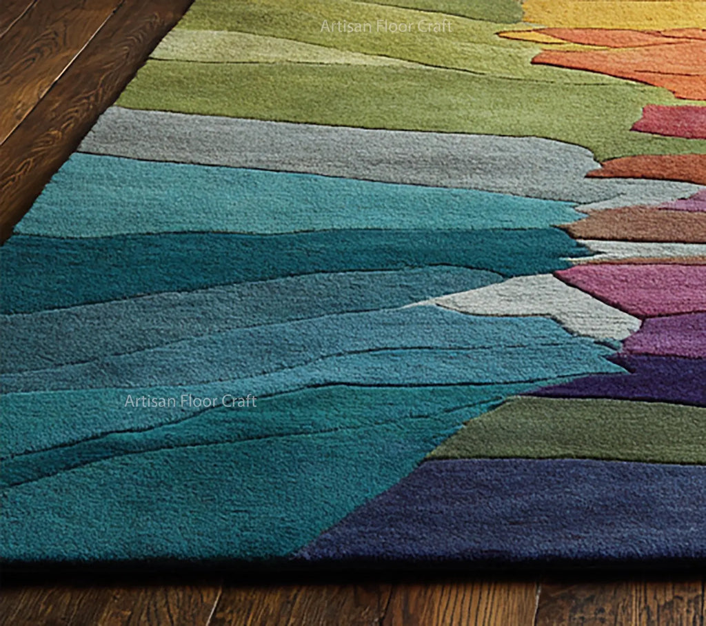 Modern Abstract Hand Tufted Wool Rug with Multicolor Gradient Design – Contemporary Artistic Area Carpet for Living Room & Bedroom.