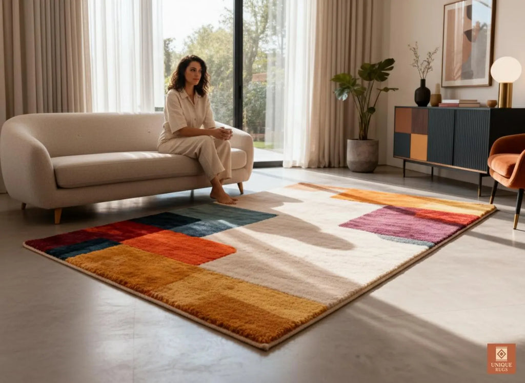Mid Century Modern Geometric Rug, Hand Tufted Colorful Block Area Carpet