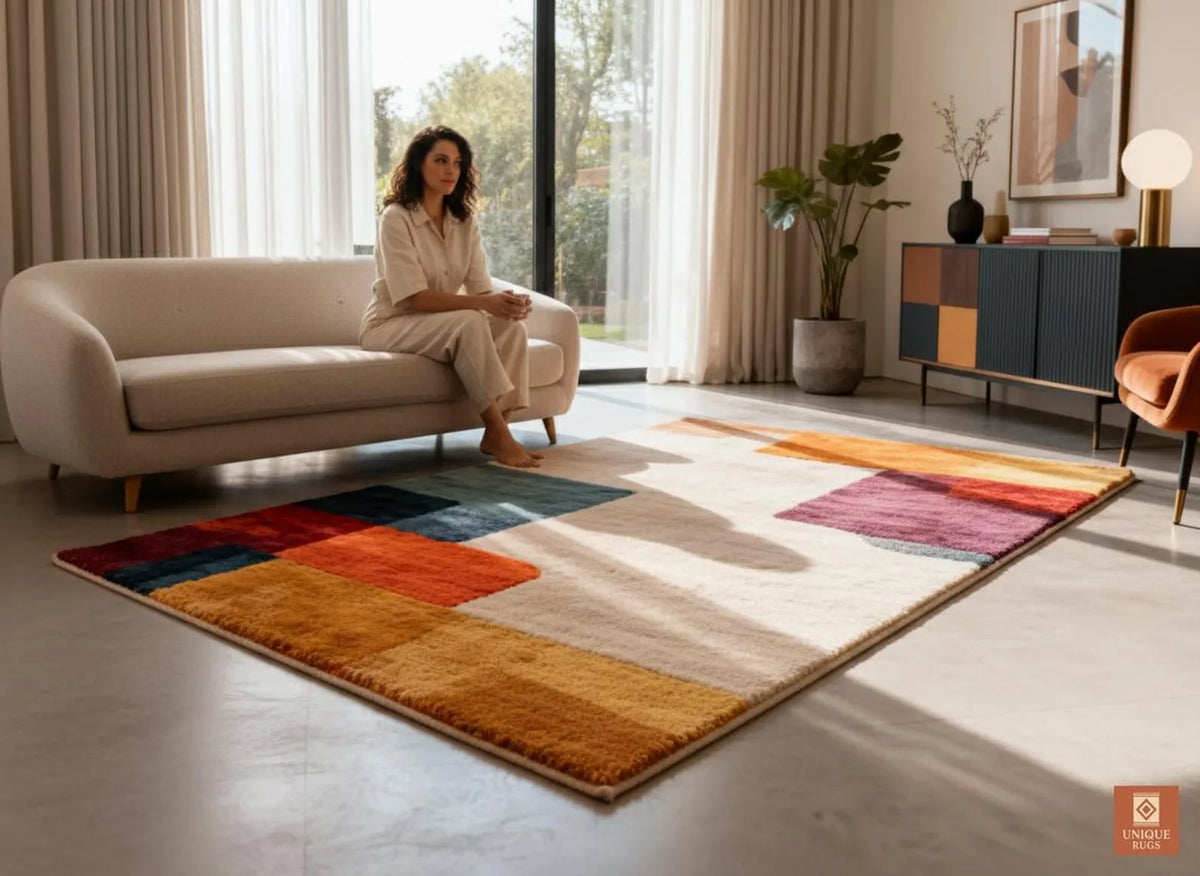 Mid Century Modern Geometric Rug, Hand Tufted Colorful Block Area Carpet