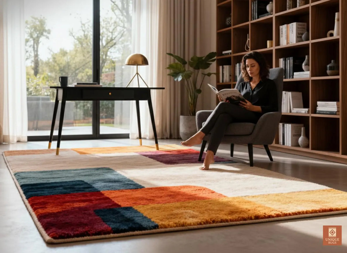 Mid Century Modern Geometric Rug, Hand Tufted Colorful Block Area Carpet