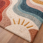 Modern Hand Tufted Rainbow Wave Area Rug – Colorful Abstract Sun Design Carpet – Premium New Zealand Wool Rug for Living Room, Bedroom