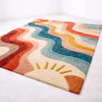 Modern Hand Tufted Rainbow Wave Area Rug – Colorful Abstract Sun Design Carpet – Premium New Zealand Wool Rug for Living Room, Bedroom