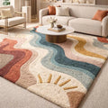 Modern Hand Tufted Rainbow Wave Area Rug – Colorful Abstract Sun Design Carpet – Premium New Zealand Wool Rug for Living Room, Bedroom