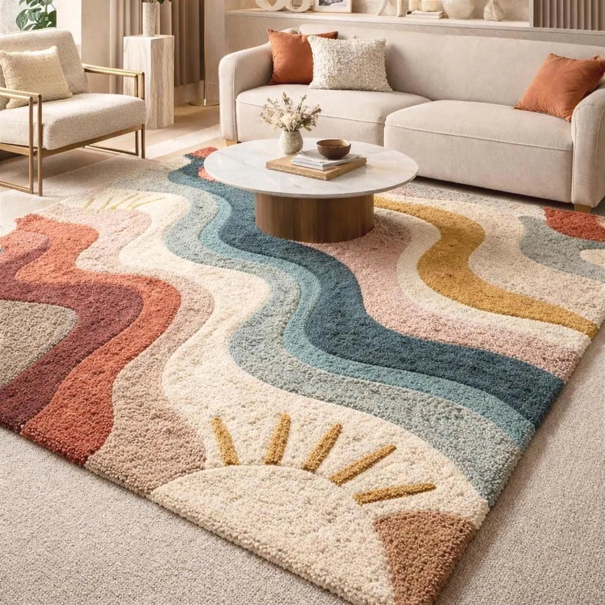 Modern Hand Tufted Rainbow Wave Area Rug – Colorful Abstract Sun Design Carpet – Premium New Zealand Wool Rug for Living Room, Bedroom