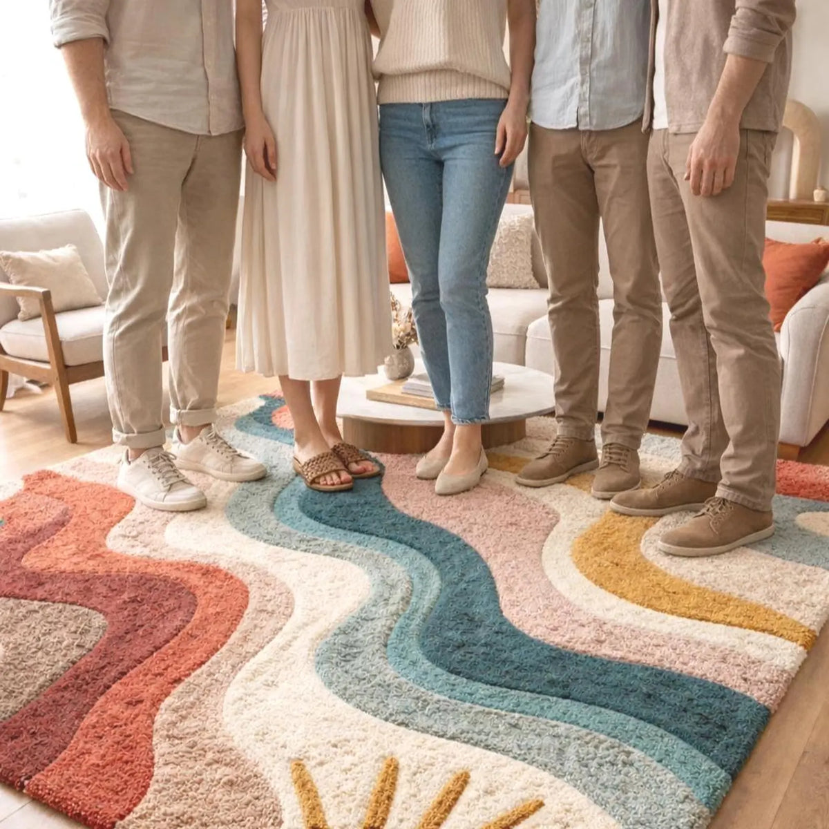 Modern Hand Tufted Rainbow Wave Area Rug – Colorful Abstract Sun Design Carpet – Premium New Zealand Wool Rug for Living Room, Bedroom