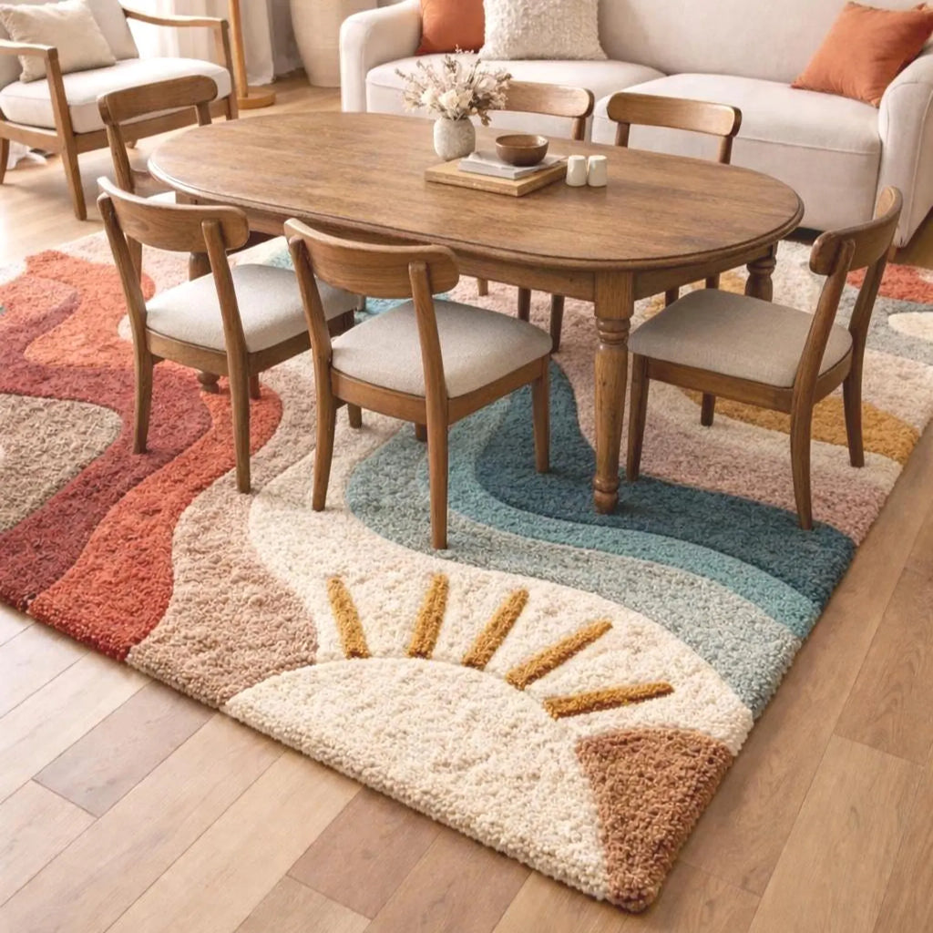 Modern Hand Tufted Rainbow Wave Area Rug – Colorful Abstract Sun Design Carpet – Premium New Zealand Wool Rug for Living Room, Bedroom