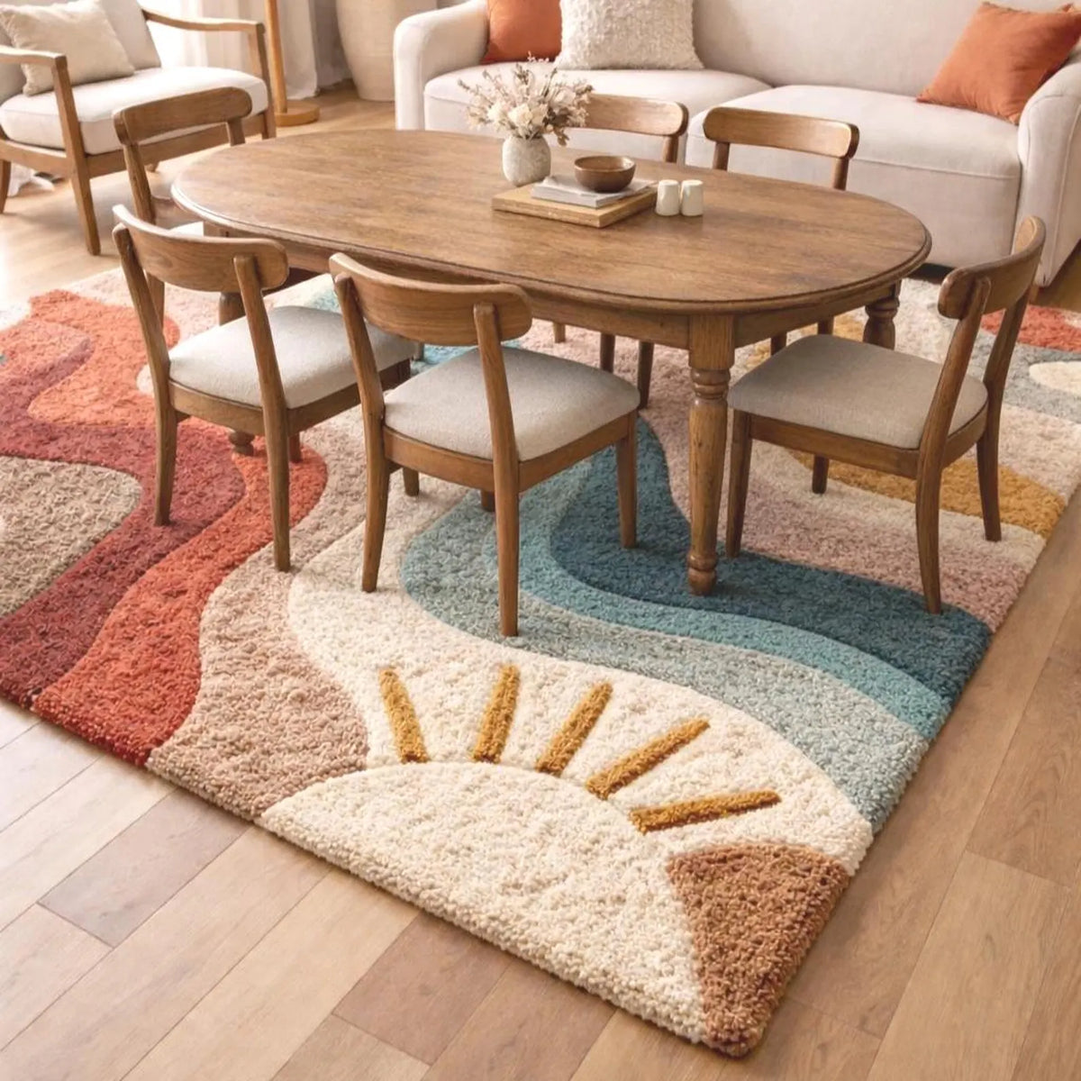 Modern Hand Tufted Rainbow Wave Area Rug – Colorful Abstract Sun Design Carpet – Premium New Zealand Wool Rug for Living Room, Bedroom