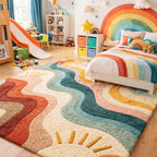 Modern Hand Tufted Rainbow Wave Area Rug – Colorful Abstract Sun Design Carpet – Premium New Zealand Wool Rug for Living Room, Bedroom