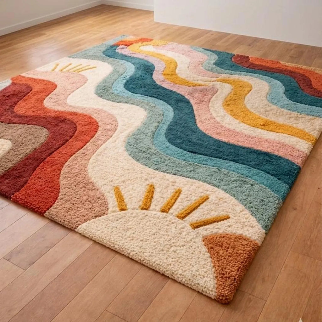 Modern Hand Tufted Rainbow Wave Area Rug – Colorful Abstract Sun Design Carpet – Premium New Zealand Wool Rug for Living Room, Bedroom