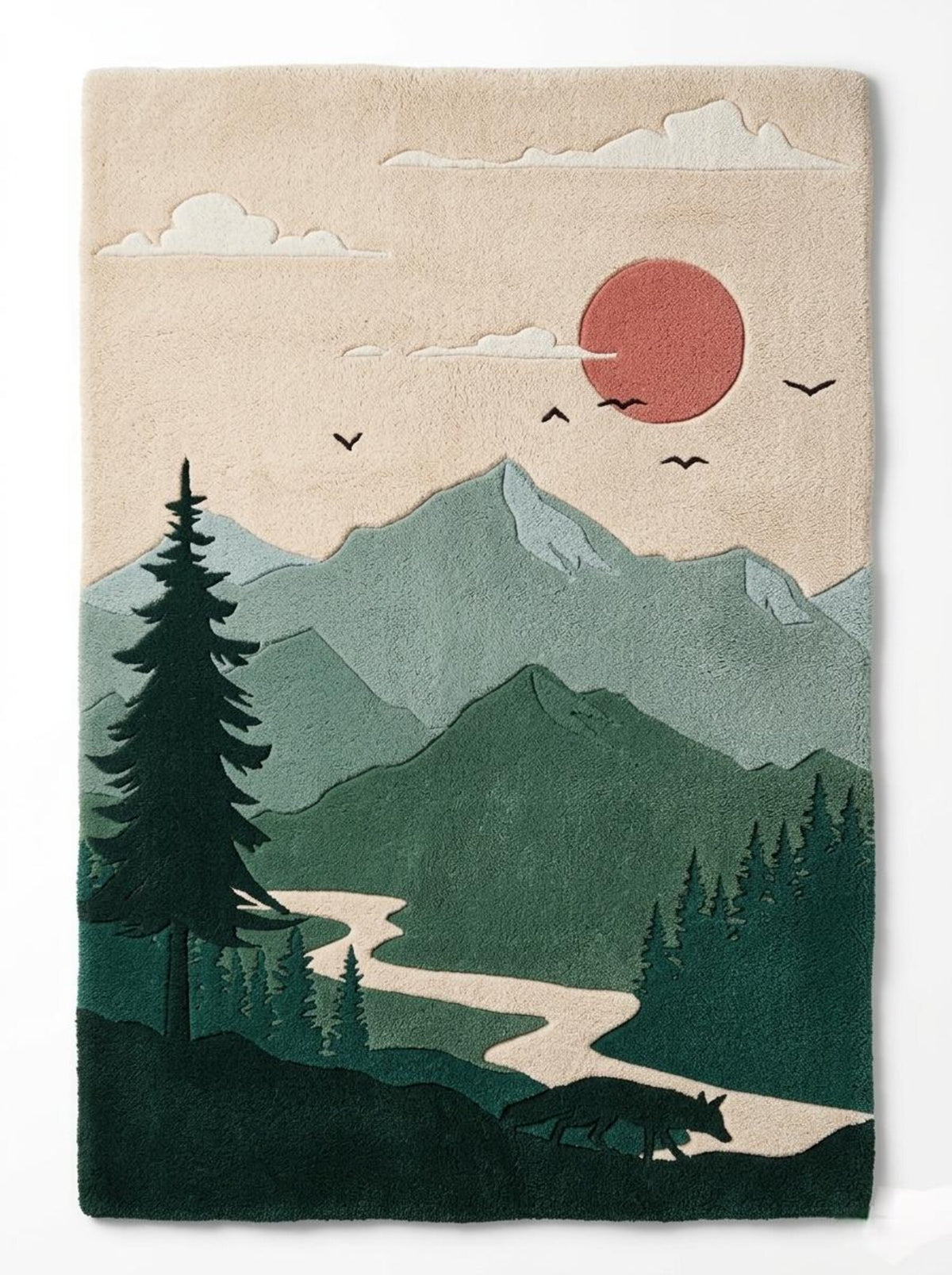 Hand Tufted Wool Rug, Mountain Landscape, Forest Scenic, Nature Area Carpet