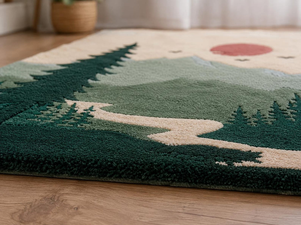 Hand Tufted Wool Rug, Mountain Landscape, Forest Scenic, Nature Area Carpet