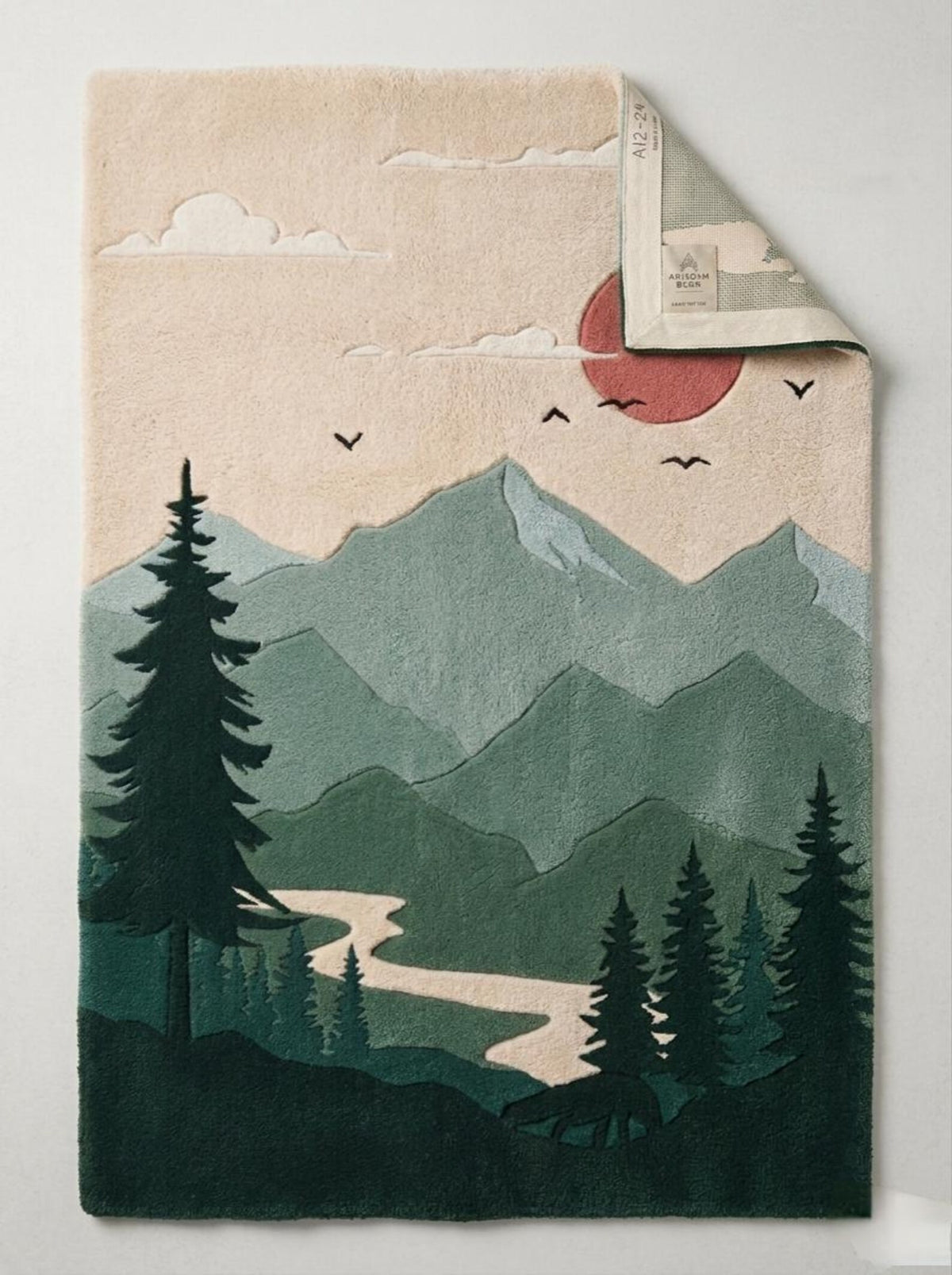 Hand Tufted Wool Rug, Mountain Landscape, Forest Scenic, Nature Area Carpet