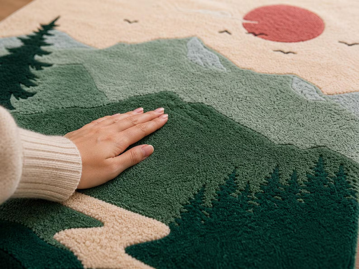 Hand Tufted Wool Rug, Mountain Landscape, Forest Scenic, Nature Area Carpet