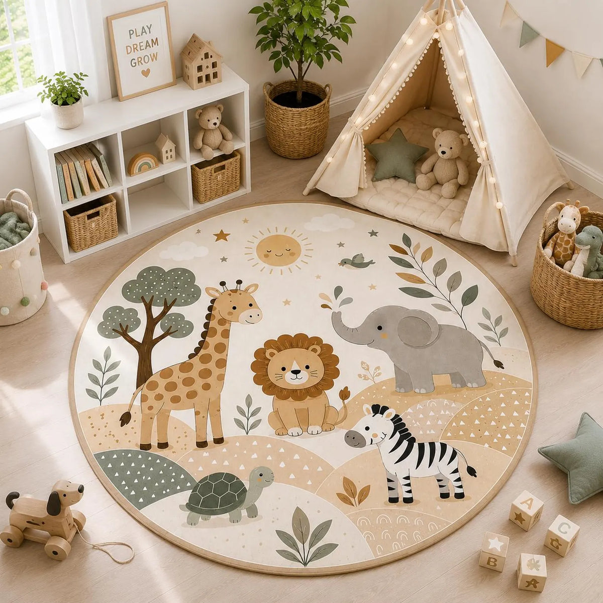 Safari Nursery Rug Little Wild Dreams Begin, Round Jungle Animal Lion Giraffe Elephant Play Mat