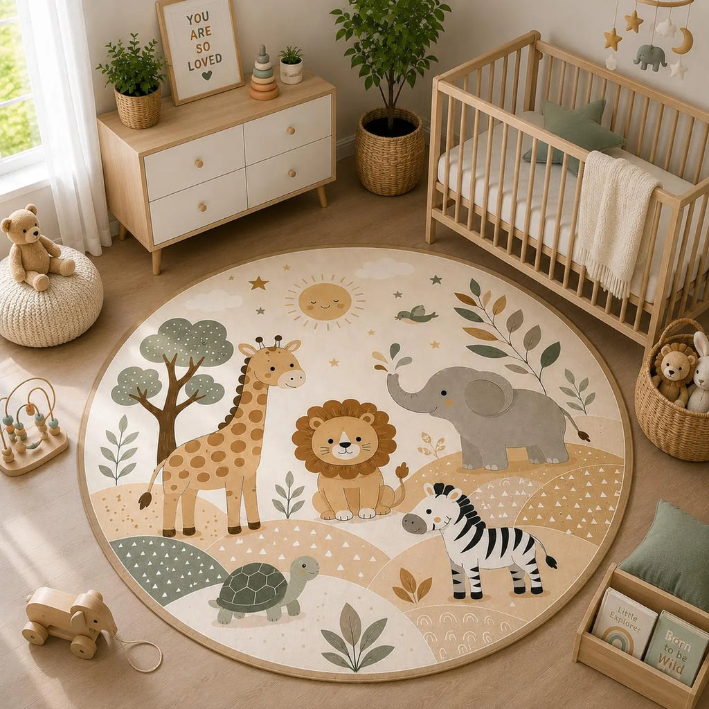 Safari Nursery Rug Little Wild Dreams Begin, Round Jungle Animal Lion Giraffe Elephant Play Mat