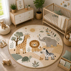 Safari Nursery Rug Little Wild Dreams Begin, Round Jungle Animal Lion Giraffe Elephant Play Mat