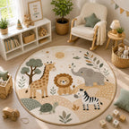 Safari Nursery Rug Little Wild Dreams Begin, Round Jungle Animal Lion Giraffe Elephant Play Mat