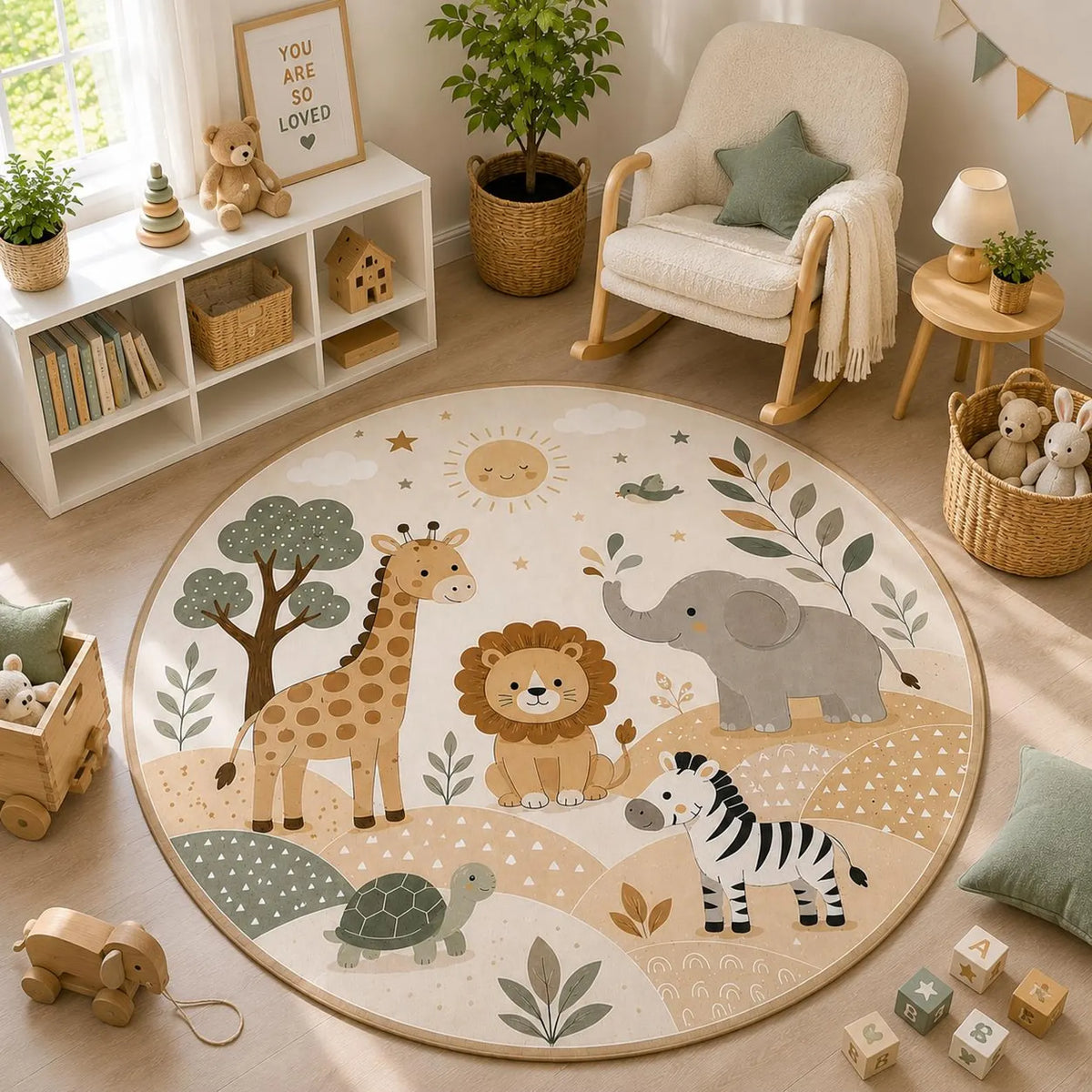 Safari Nursery Rug Little Wild Dreams Begin, Round Jungle Animal Lion Giraffe Elephant Play Mat