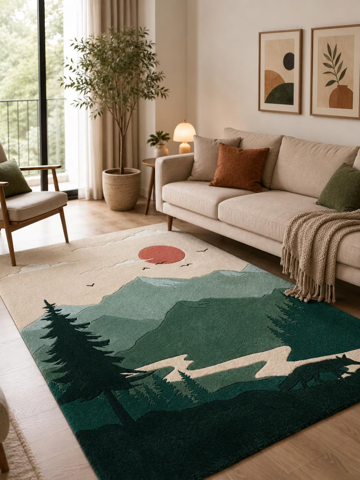 Hand Tufted Wool Rug, Mountain Landscape, Forest Scenic, Nature Area Carpet