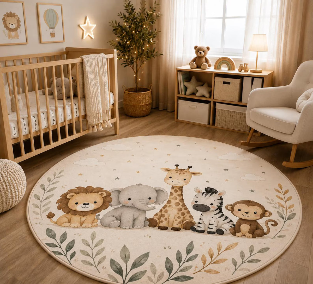 Safari Animals Area Rug – Watercolor Jungle Nursery Floor Mat