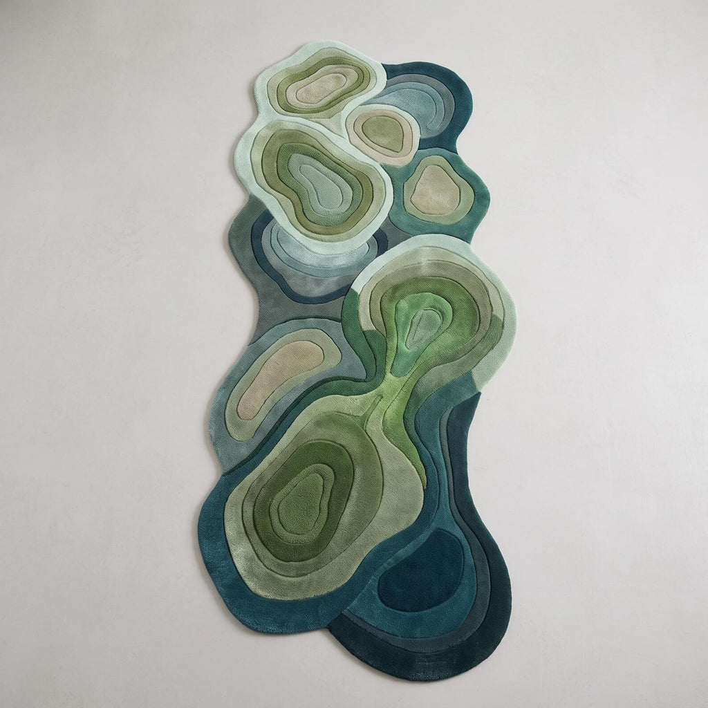 Green Topographic Wool Runner Rug, Wavy Organic Hand Tufted Carpet