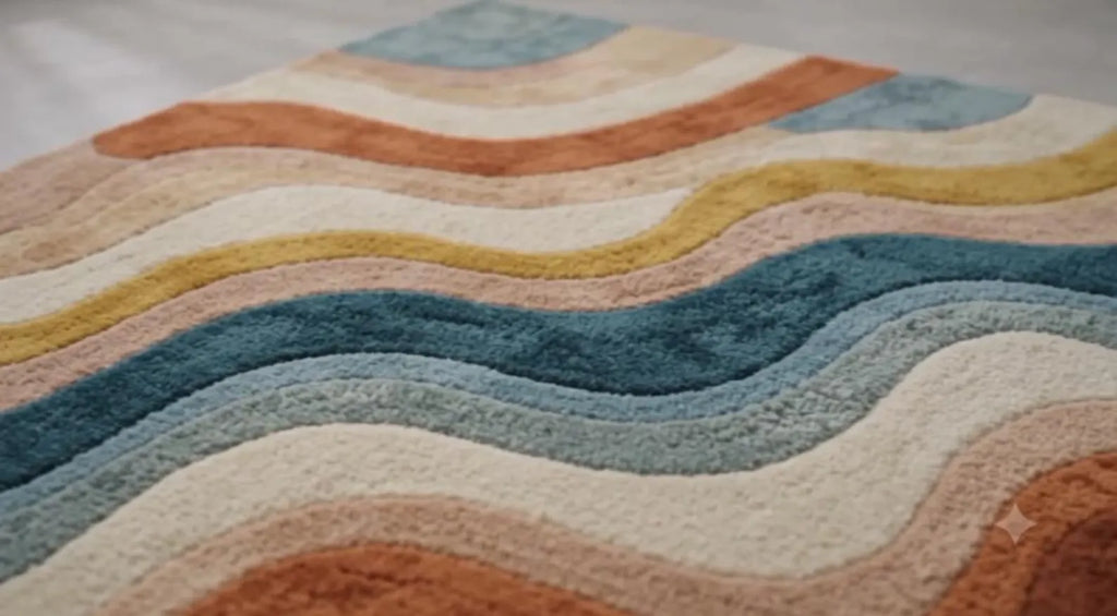 Modern Hand Tufted Rainbow Wave Area Rug – Colorful Abstract Sun Design Carpet – Premium New Zealand Wool Rug for Living Room, Bedroom