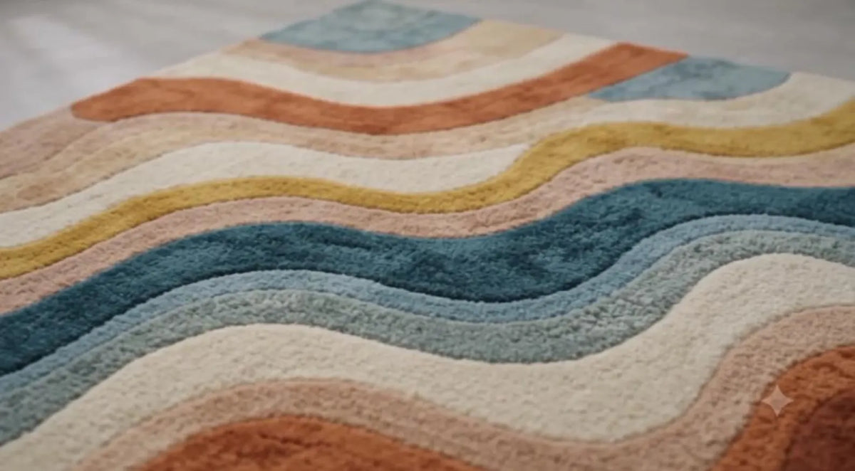 Modern Hand Tufted Rainbow Wave Area Rug – Colorful Abstract Sun Design Carpet – Premium New Zealand Wool Rug for Living Room, Bedroom