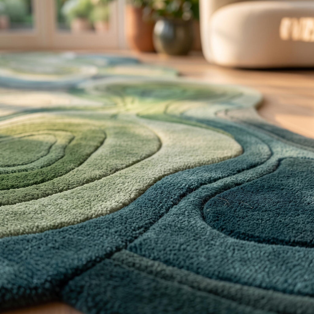 Green Topographic Wool Runner Rug, Wavy Organic Hand Tufted Carpet
