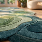 Green Topographic Wool Runner Rug, Wavy Organic Hand Tufted Carpet