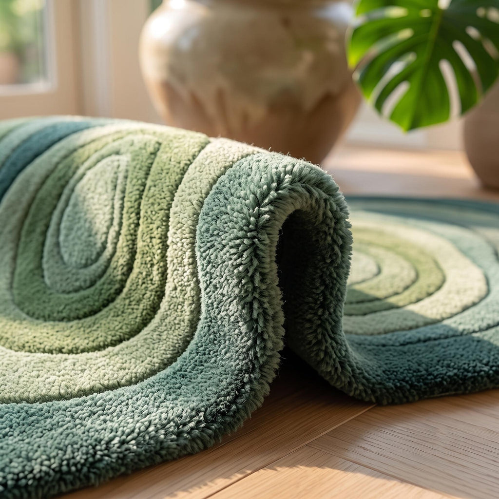 Green Topographic Wool Runner Rug, Wavy Organic Hand Tufted Carpet