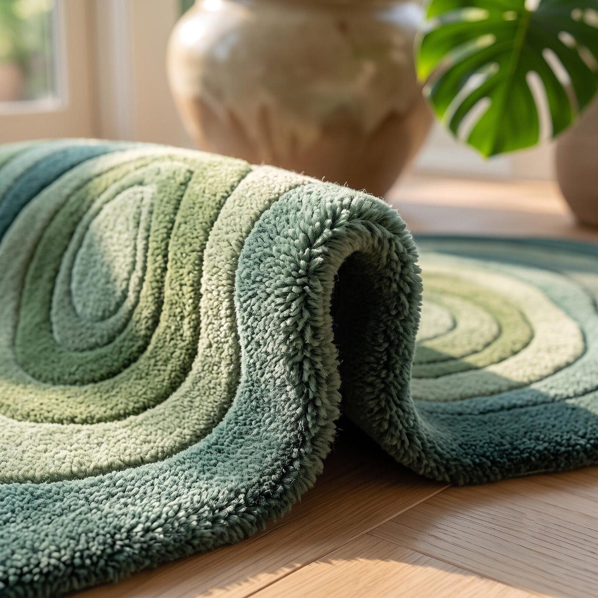Green Topographic Wool Runner Rug, Wavy Organic Hand Tufted Carpet