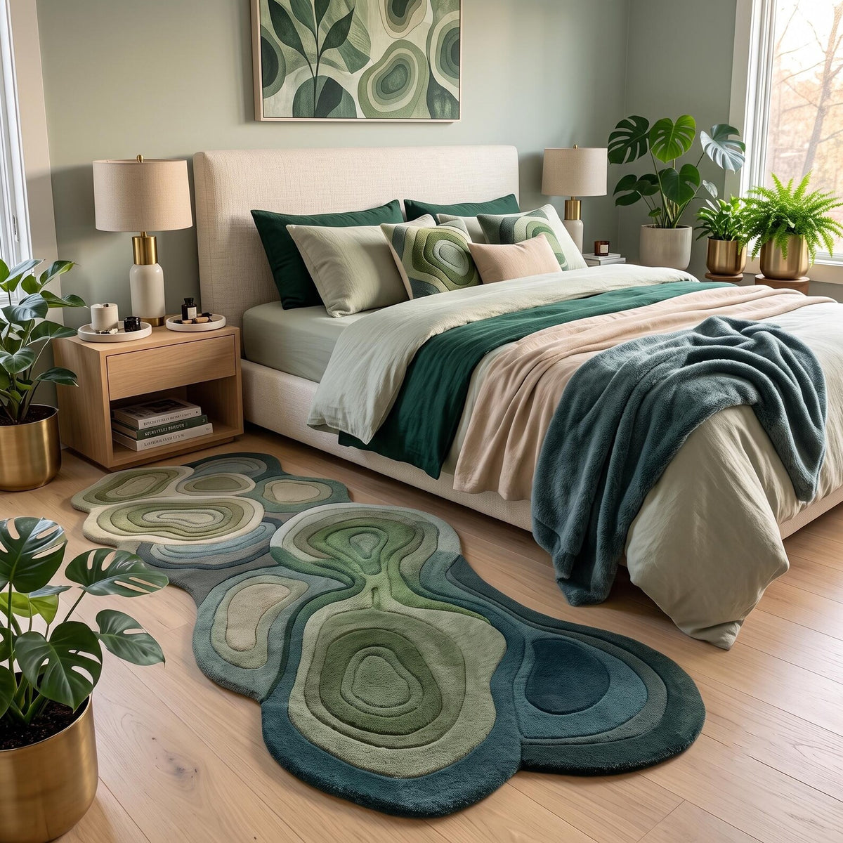 Green Topographic Wool Runner Rug, Wavy Organic Hand Tufted Carpet