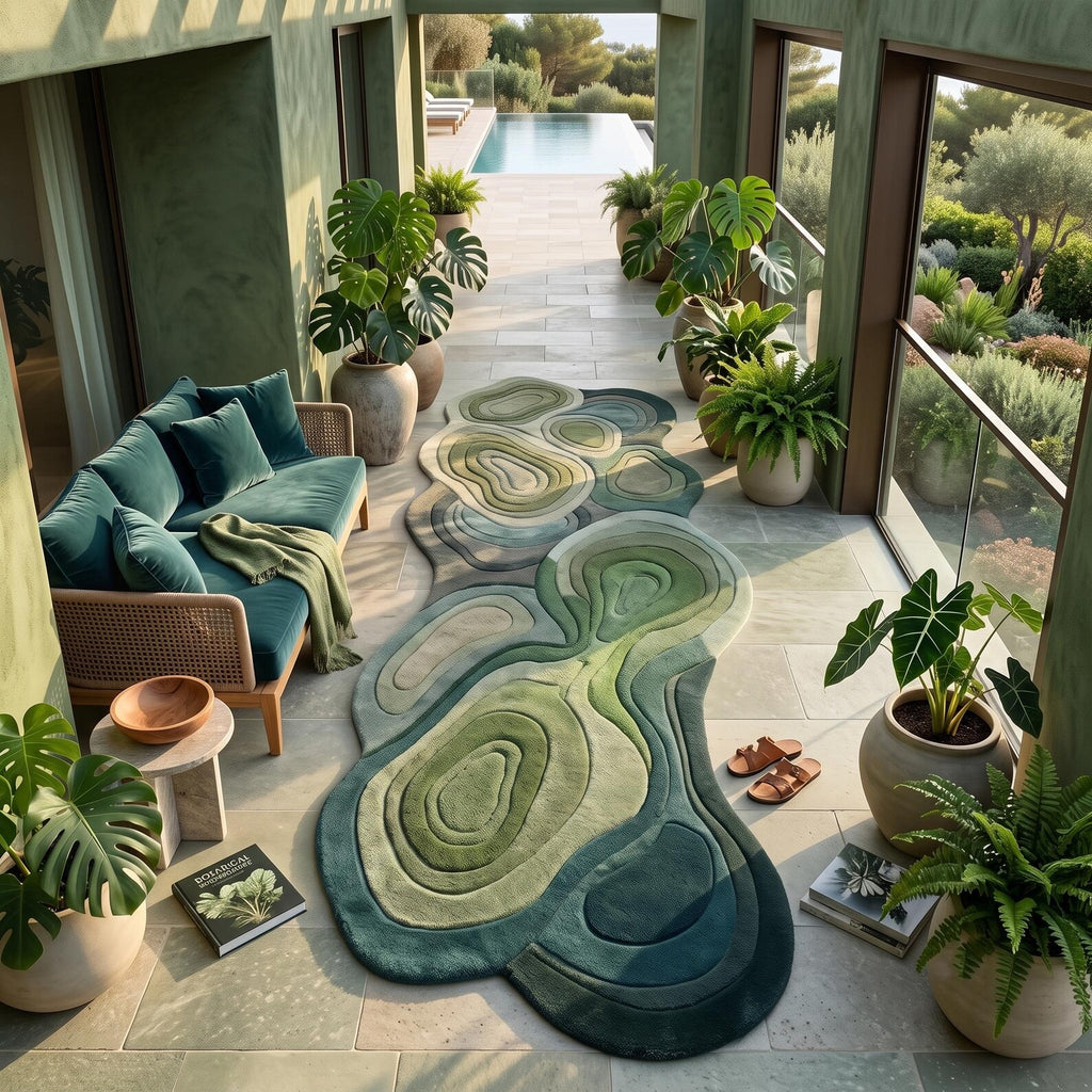 Green Topographic Wool Runner Rug, Wavy Organic Hand Tufted Carpet