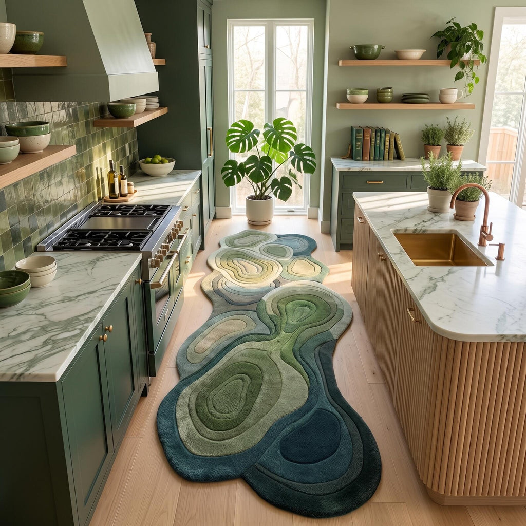 Green Topographic Wool Runner Rug, Wavy Organic Hand Tufted Carpet