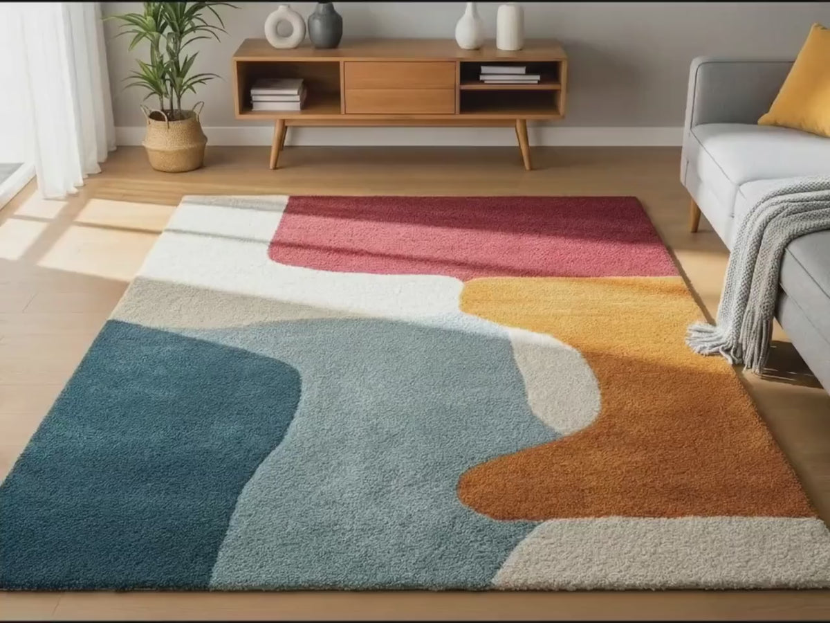 Colorful Abstract Hand Tufted Rug, Mid Century Modern Wool Area Rugs for Living Room