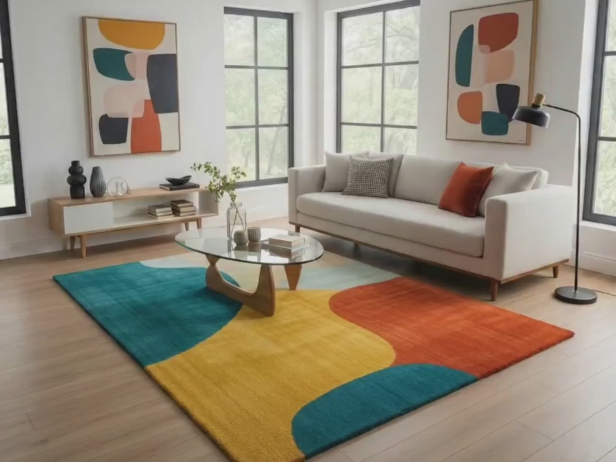 Hand Tufted Modern Abstract Wool Rug, Color Block Area Rug, Mid Century Teal Mustard Rust Rug