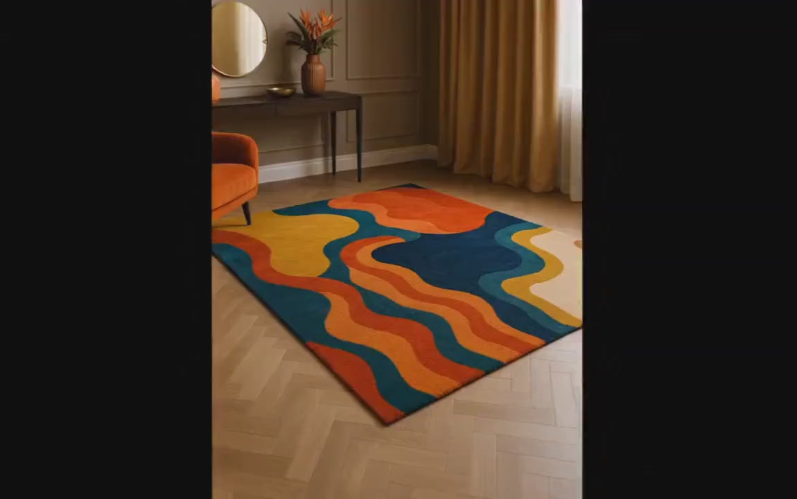 Hand Tufted Abstract Rug – Modern Colorful Wavy Area Carpet, Retro Mid Century Decor