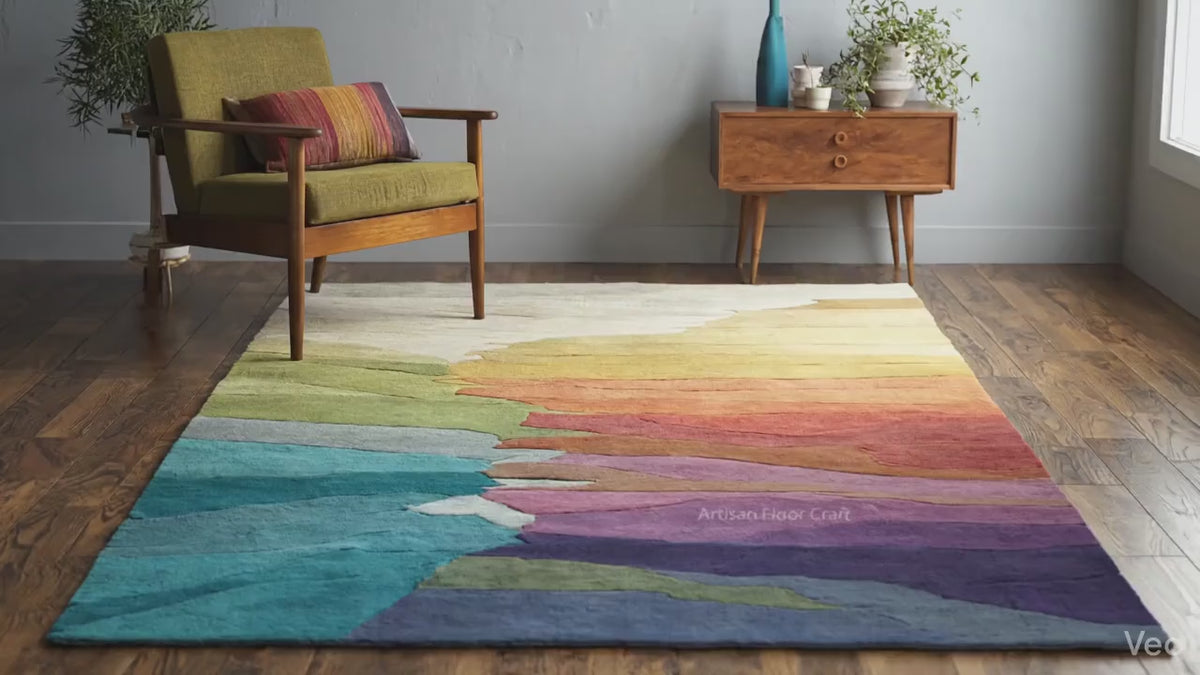 Modern Abstract Hand Tufted Wool Rug with Multicolor Gradient Design – Contemporary Artistic Area Carpet for Living Room & Bedroom.