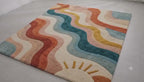 Modern Hand Tufted Rainbow Wave Area Rug – Colorful Abstract Sun Design Carpet – Premium New Zealand Wool Rug for Living Room, Bedroom