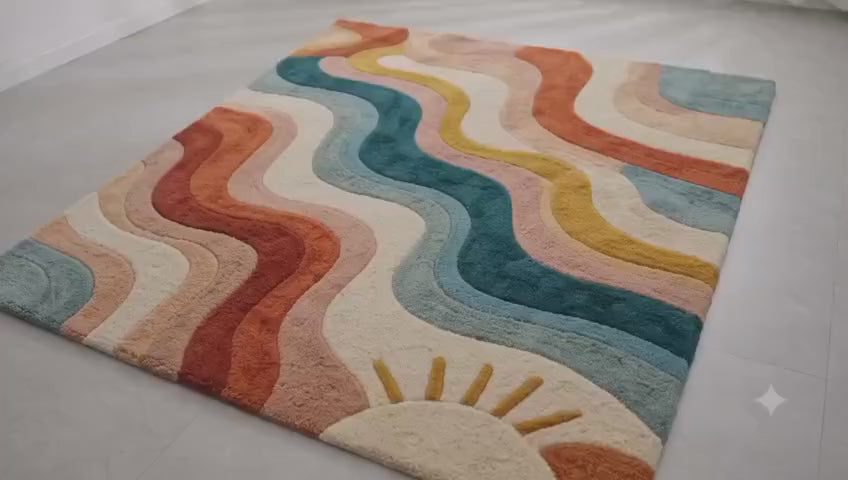 Modern Hand Tufted Rainbow Wave Area Rug – Colorful Abstract Sun Design Carpet – Premium New Zealand Wool Rug for Living Room, Bedroom